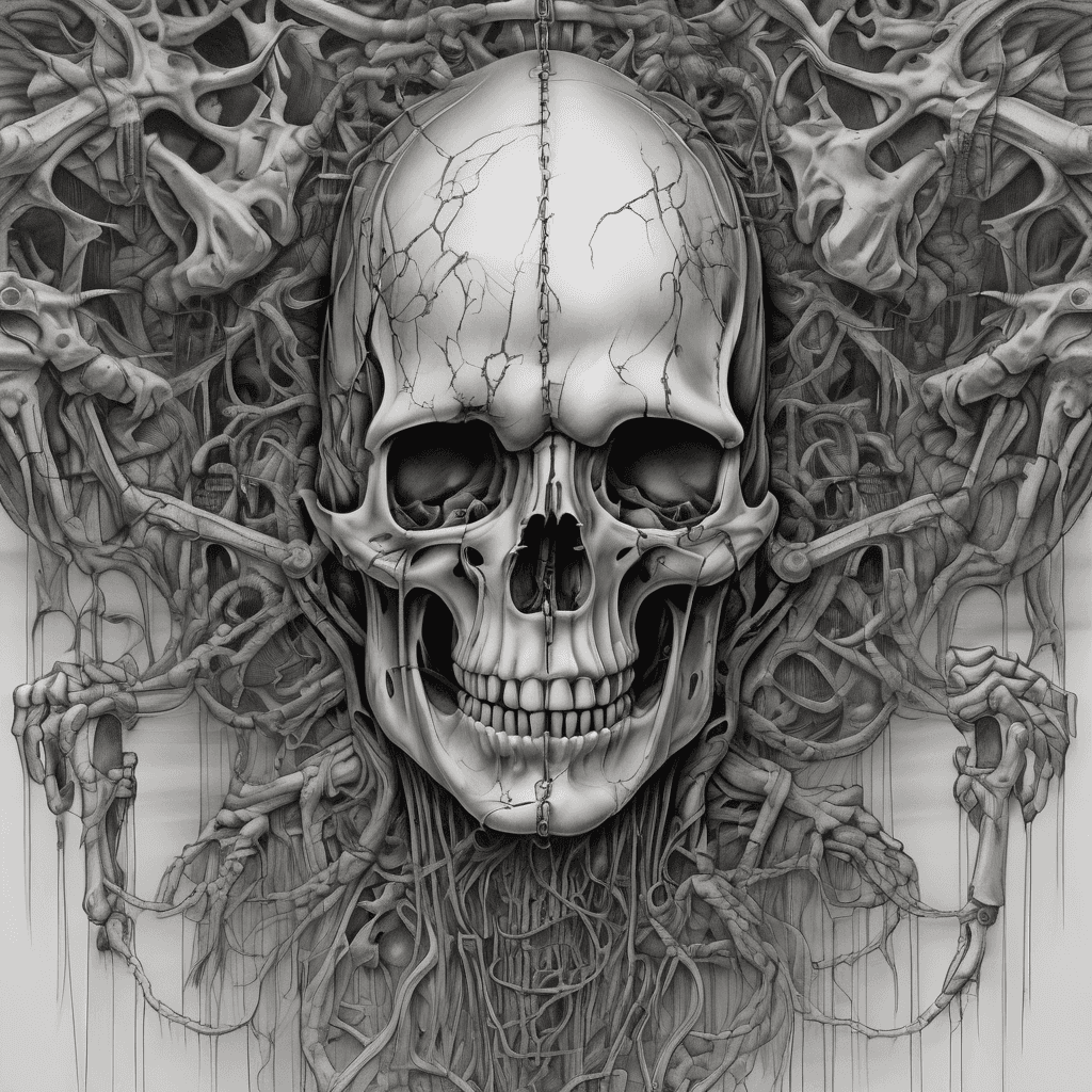 Half-back tattoo, black and grey horror surrealism, dozens of skeletal biomechanical hands reaching up from the lower back, grasping a broken chain that ascends the spine, at the top a cracked hollow mask staring down at them, H.R. Giger textures, ribbed bone and sinew, smoky darkness between elements, airbrushed monochrome, dread atmosphere, fine detail