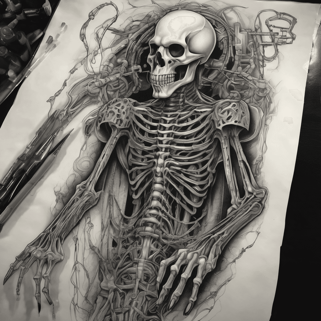 "Half-back tattoo, black and grey, dark surreal horror, a skeletal biomechanical entity with a horned white mask looming at the top of the back, its long Giger-style mechanical fingers extending downward as strings, below them a small human figure suspended like a marionette, strings made of sinew and chain, smoky void background, monochrome airbrush shading, menacing, hyper-detailed