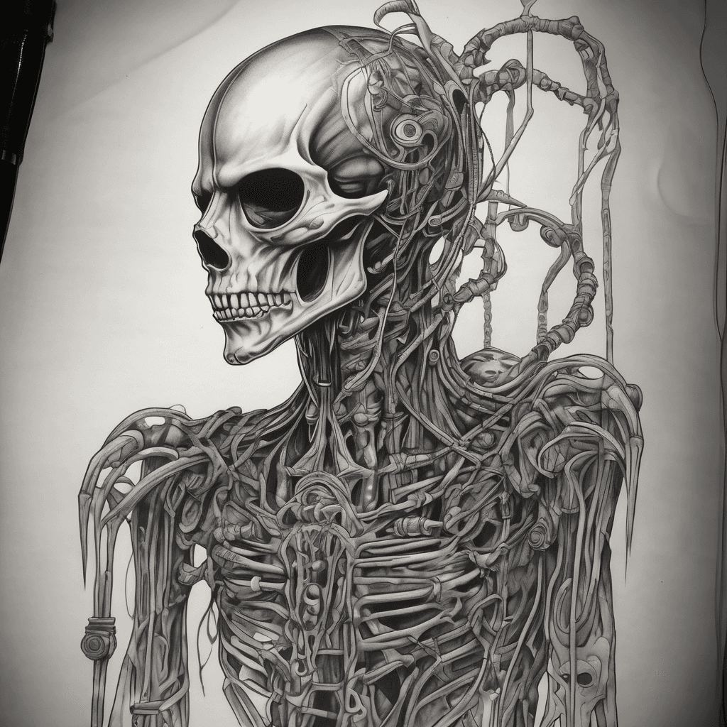 "Half-back tattoo, black and grey, dark surreal horror, a skeletal biomechanical entity with a horned white mask looming at the top of the back, its long Giger-style mechanical fingers extending downward as strings, below them a small human figure suspended like a marionette, strings made of sinew and chain, smoky void background, monochrome airbrush shading, menacing, hyper-detailed