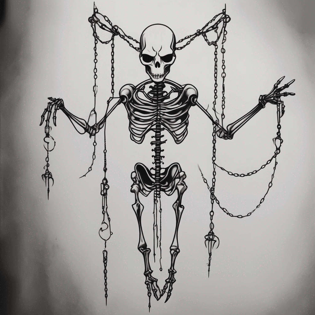 "Half-back tattoo, black and grey, dark surreal horror, a skeletal biomechanical entity with a horned white mask looming at the top of the back, its long Giger-style mechanical fingers extending downward as strings, below them a small human figure suspended like a marionette, strings made of sinew and chain, smoky void background, monochrome airbrush shading, menacing, hyper-detailed