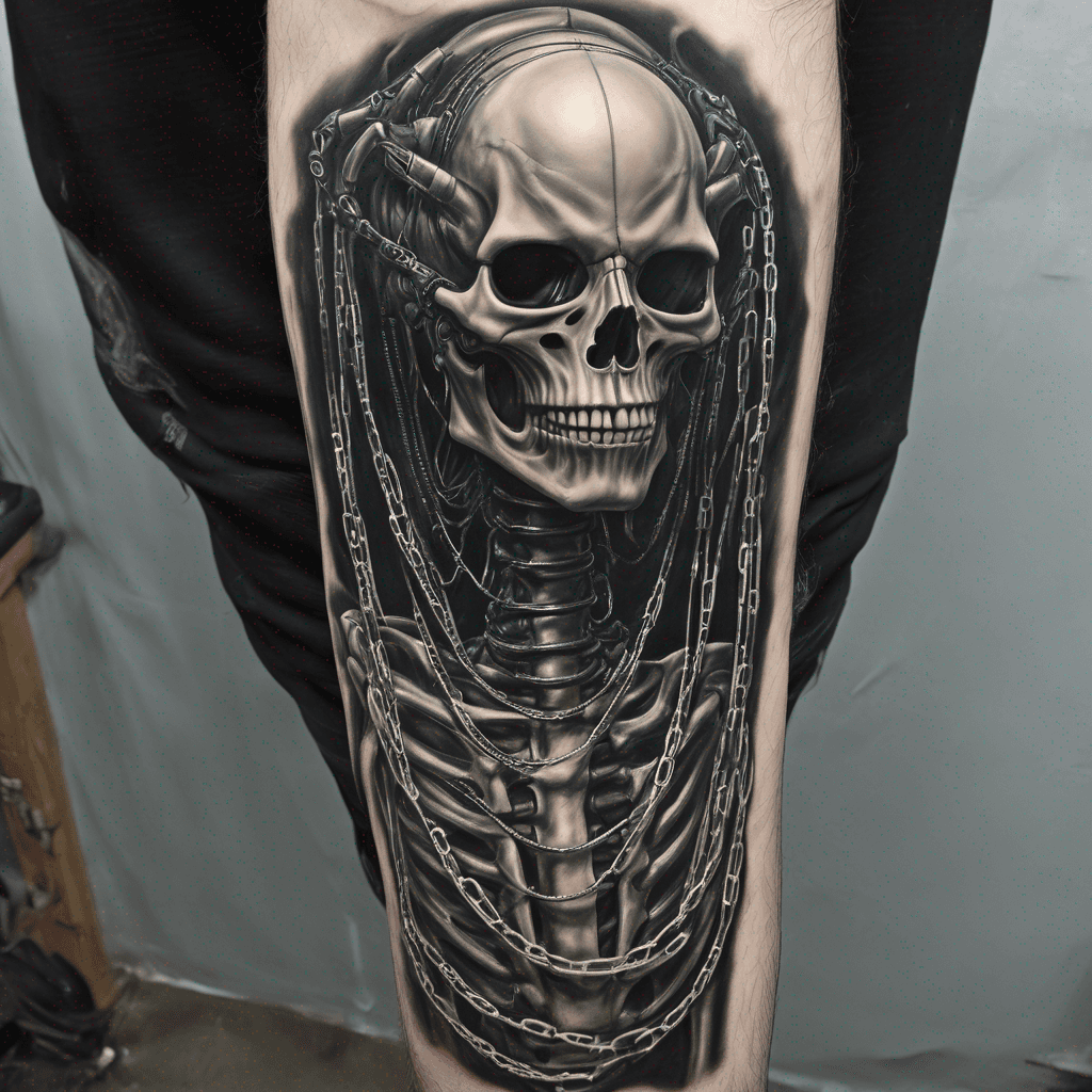 "Half-back tattoo, black and grey, dark surreal horror, a skeletal biomechanical entity with a horned white mask looming at the top of the back, its long Giger-style mechanical fingers extending downward as strings, below them a small human figure suspended like a marionette, strings made of sinew and chain, smoky void background, monochrome airbrush shading, menacing, hyper-detailed