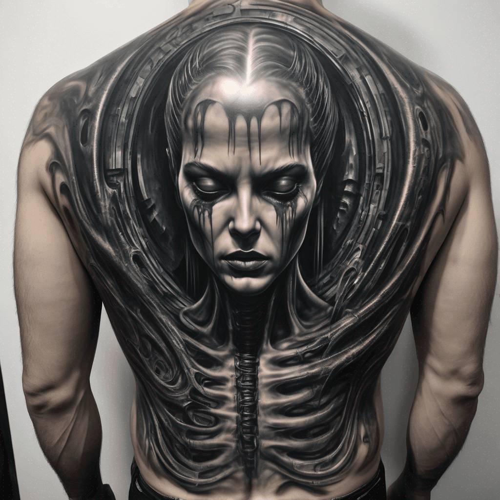 Half-back tattoo, black and grey monochrome, horror surrealism, a figure in tattered black robes seen from behind, a massive circular void punched through its chest and back, inside the void a spiral of screaming faces descending into darkness, H.R. Giger biomechanical framing around the wound, ribbed bone edges, tendrils leaking from the hole, airbrushed, ominous, intricate