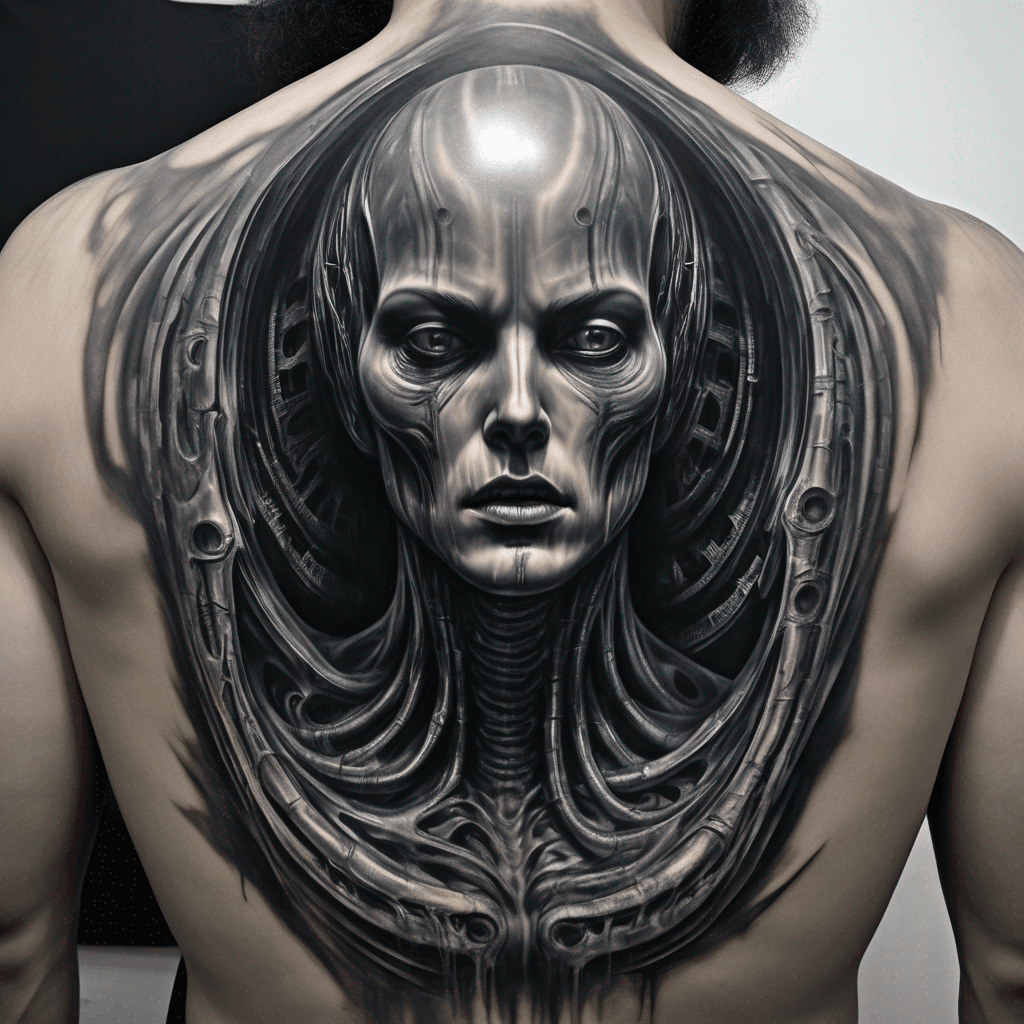 Half-back tattoo, black and grey monochrome, horror surrealism, a figure in tattered black robes seen from behind, a massive circular void punched through its chest and back, inside the void a spiral of screaming faces descending into darkness, H.R. Giger biomechanical framing around the wound, ribbed bone edges, tendrils leaking from the hole, airbrushed, ominous, intricate