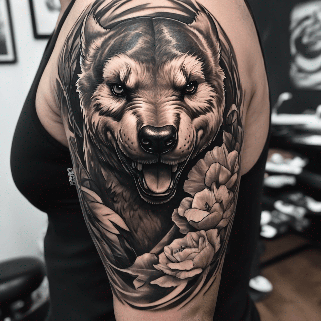 Tattoo on arm and over sholder and back. Want is sexy and muscular. Small hidden objekts that have to se close up. Can be some pokemons in there. Drake. Cool design.