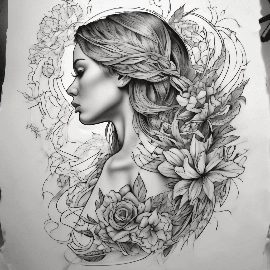 Integrated tattoo flowing from upper arm across shoulder to upper-left back; cohesive composition, blackwork floral and geometric mix, fine-line detail.