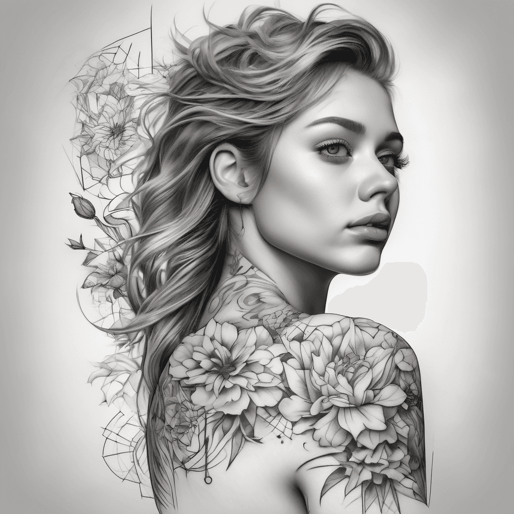 Integrated tattoo flowing from upper arm across shoulder to upper-left back; cohesive composition, blackwork floral and geometric mix, fine-line detail.