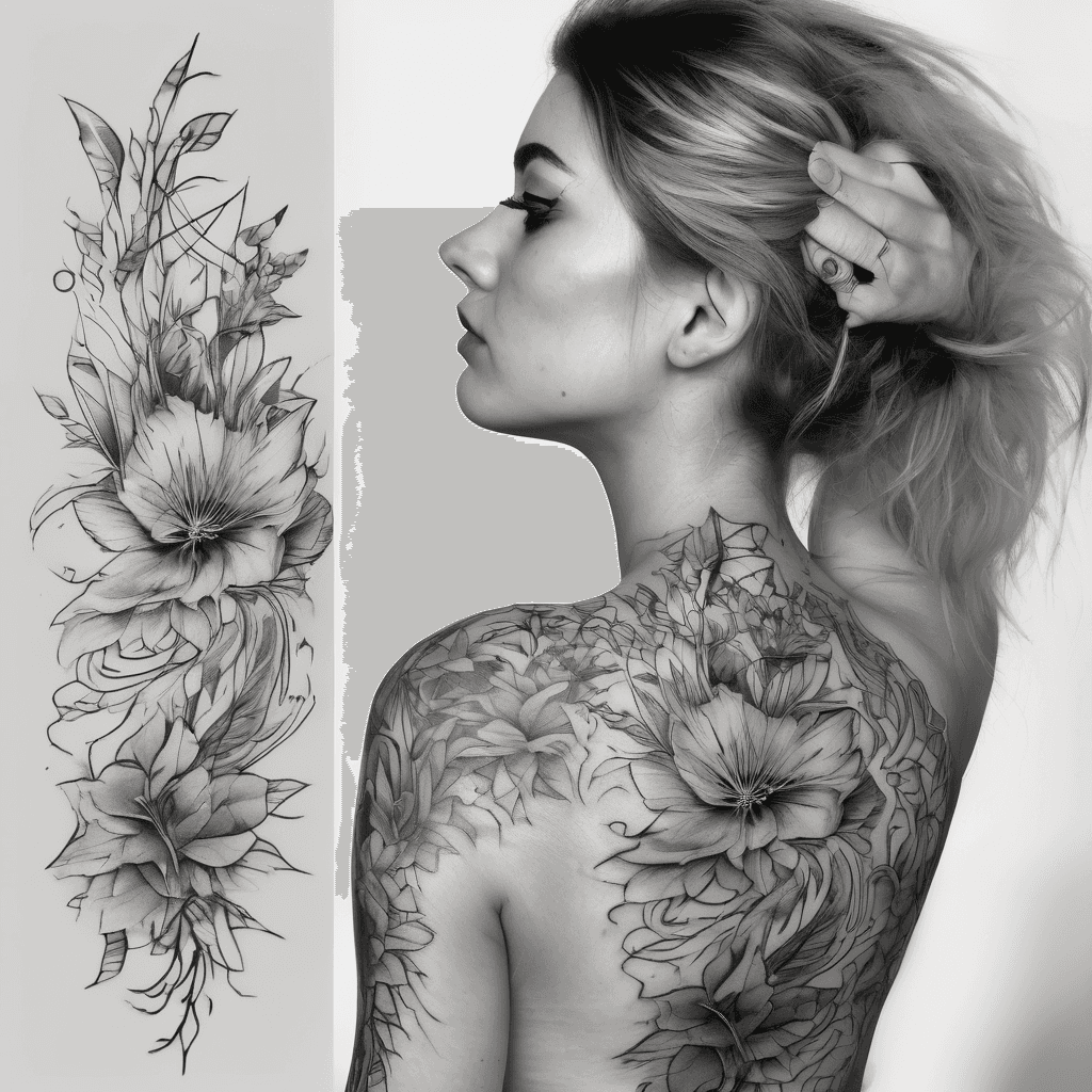 Integrated tattoo flowing from upper arm across shoulder to upper-left back; cohesive composition, blackwork floral and geometric mix, fine-line detail.