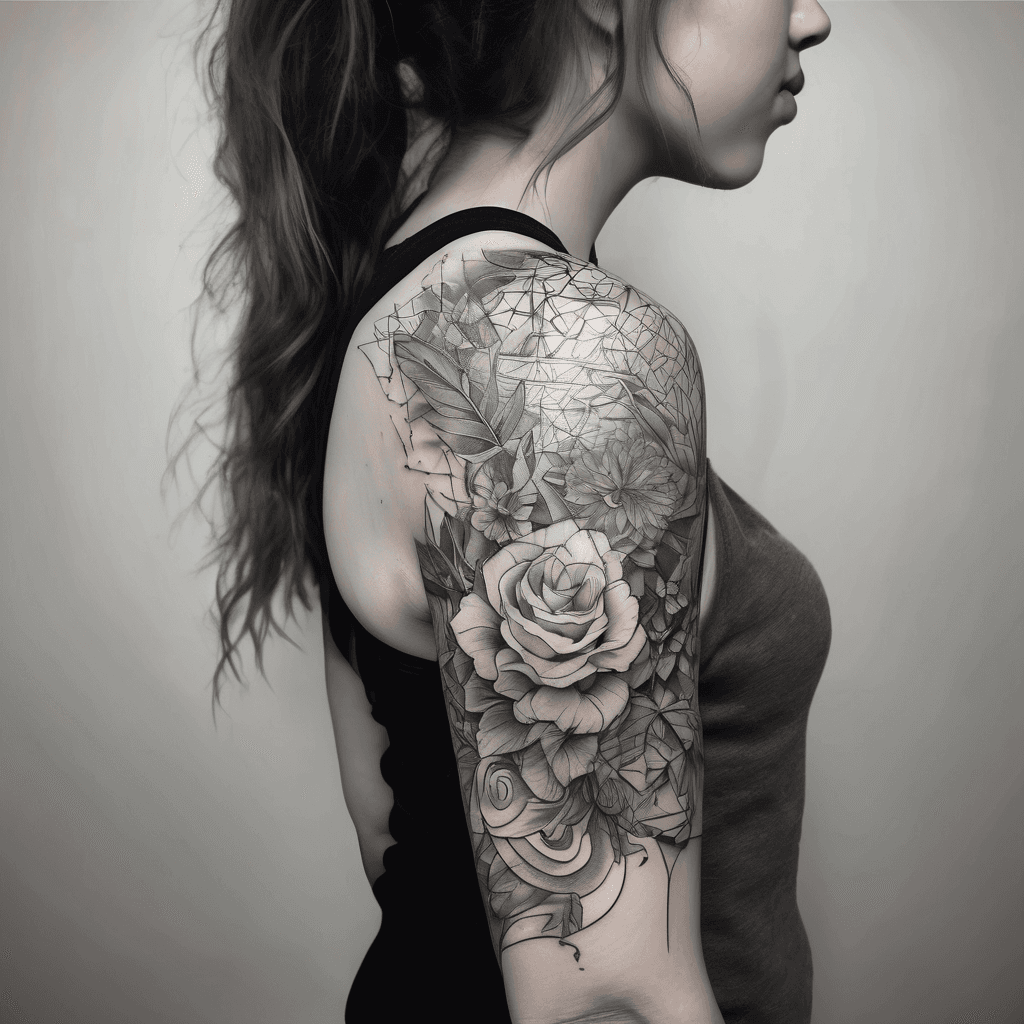 Integrated tattoo flowing from upper arm across shoulder to upper-left back; cohesive composition, blackwork floral and geometric mix, fine-line detail.
Gaming. Funny. Traning.