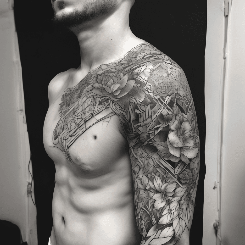Integrated tattoo flowing from upper arm across shoulder to upper-left back; cohesive composition, blackwork floral and geometric mix, fine-line detail.
Gaming. Funny. Traning.