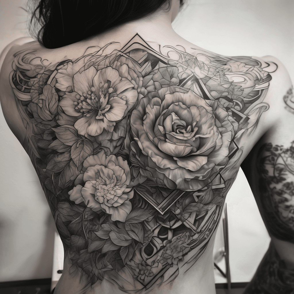 Integrated tattoo flowing from upper arm across shoulder to upper-left back; cohesive composition, blackwork floral and geometric mix, fine-line detail.
Gaming. Funny. Traning.