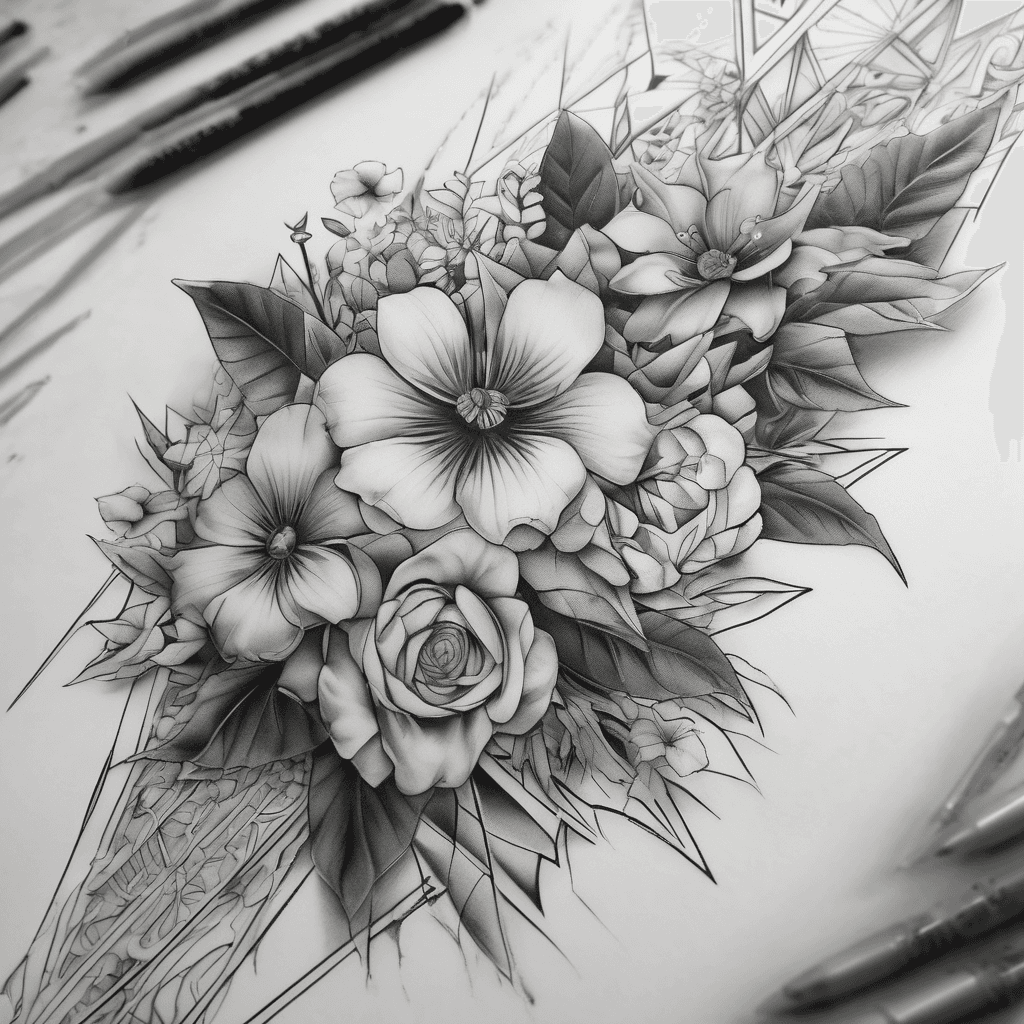 Wrap from upper arm across shoulder to upper-left back; cohesive blackwork floral+geometric, fine-line & dotwork, playful gaming+training motifs
