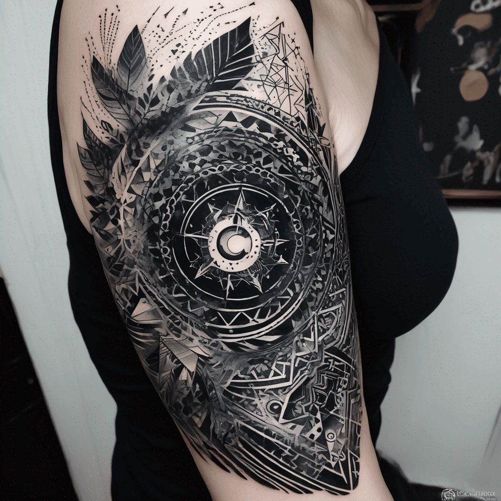 Wrap from upper arm across shoulder to upper-left back; cohesive blackwork floral+geometric, fine-line & dotwork, playful gaming+training motifs