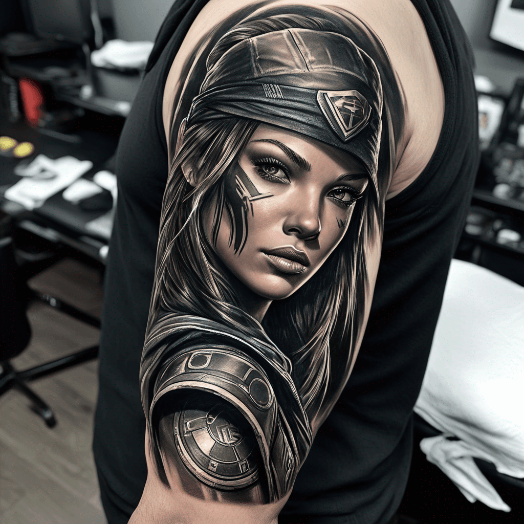 Wrap from upper arm across shoulder to upper-left back. playful gaming+training motifs