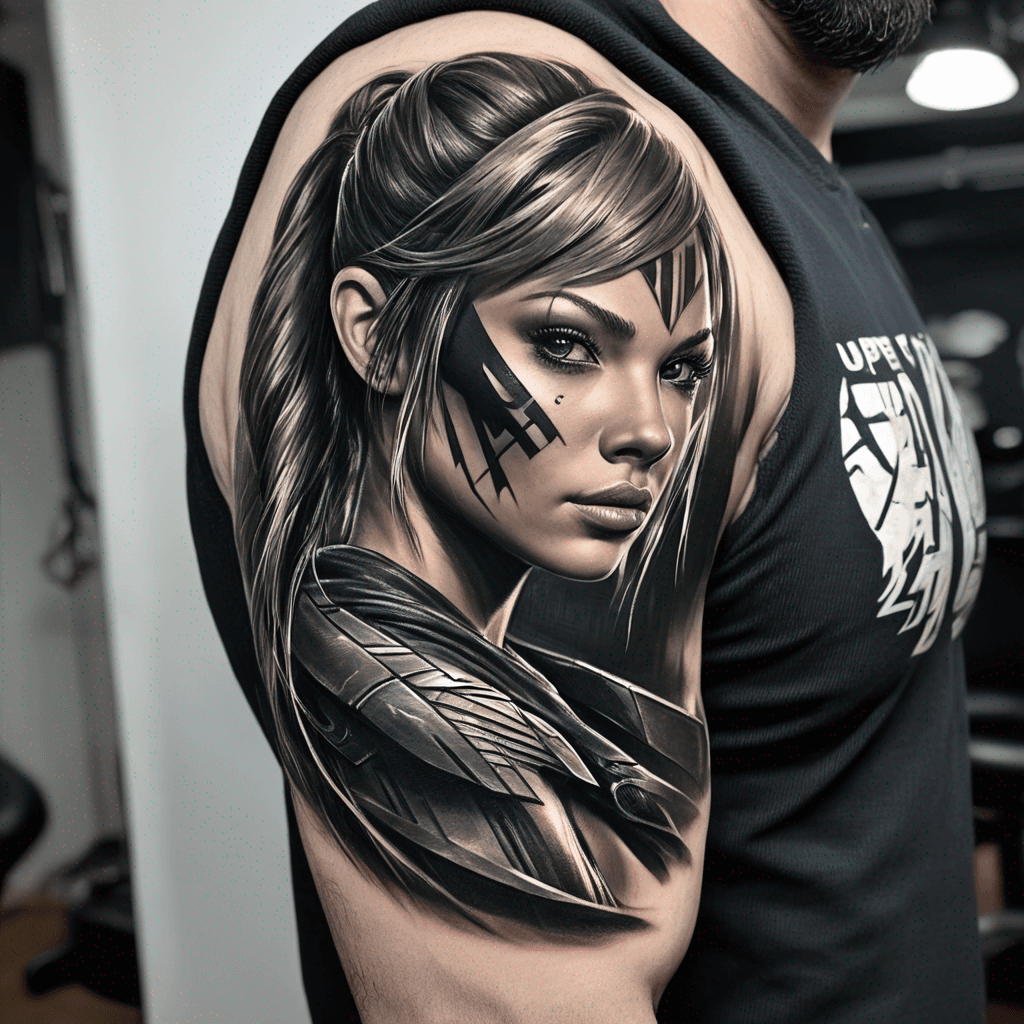 Wrap from upper arm across shoulder to upper-left back. playful gaming+training motifs