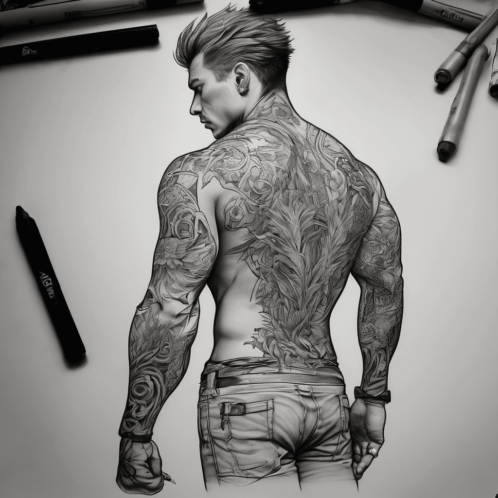 Arm like a sleeve and over shoulder and top of left back. And want it sexy black and gray. A little dark. But also want some small funny detils. Maby like put in som of favorit games. And maby a hidden pokemon or somtjing. Maby som traning related. But also like sexy dark hot