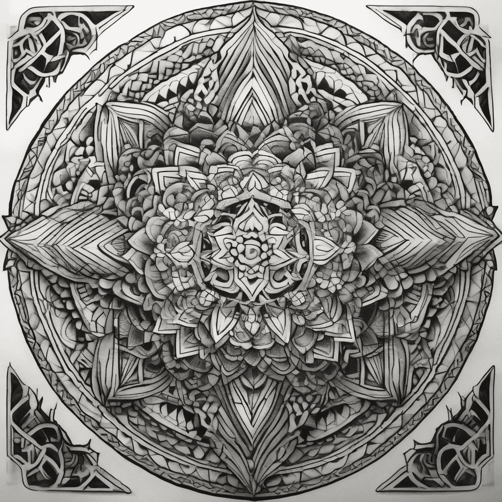 Upper back of arm (triceps): ornamental geometric mandala, bold black linework, dotwork shading, fine detail, high contrast, 10–12cm