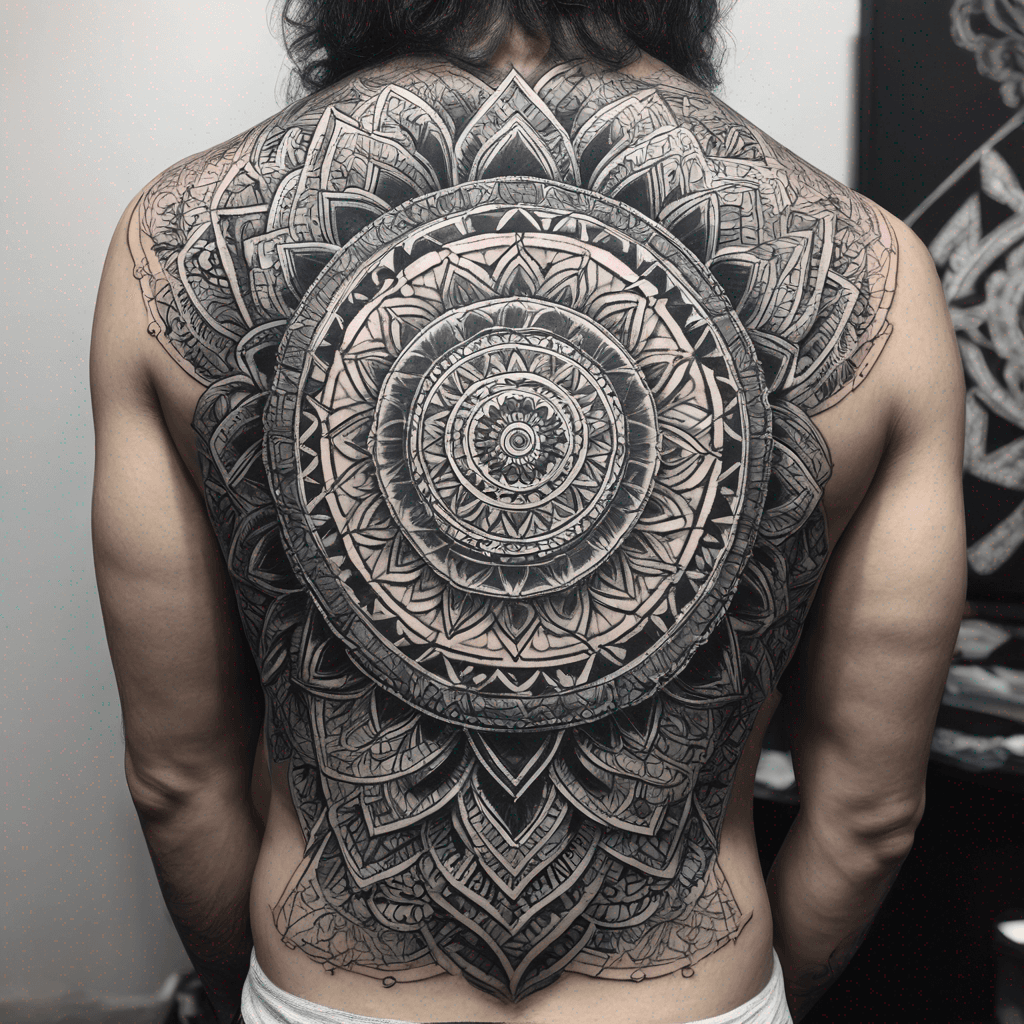 Upper back of arm (triceps): ornamental geometric mandala, bold black linework, dotwork shading, fine detail, high contrast, 10–12cm