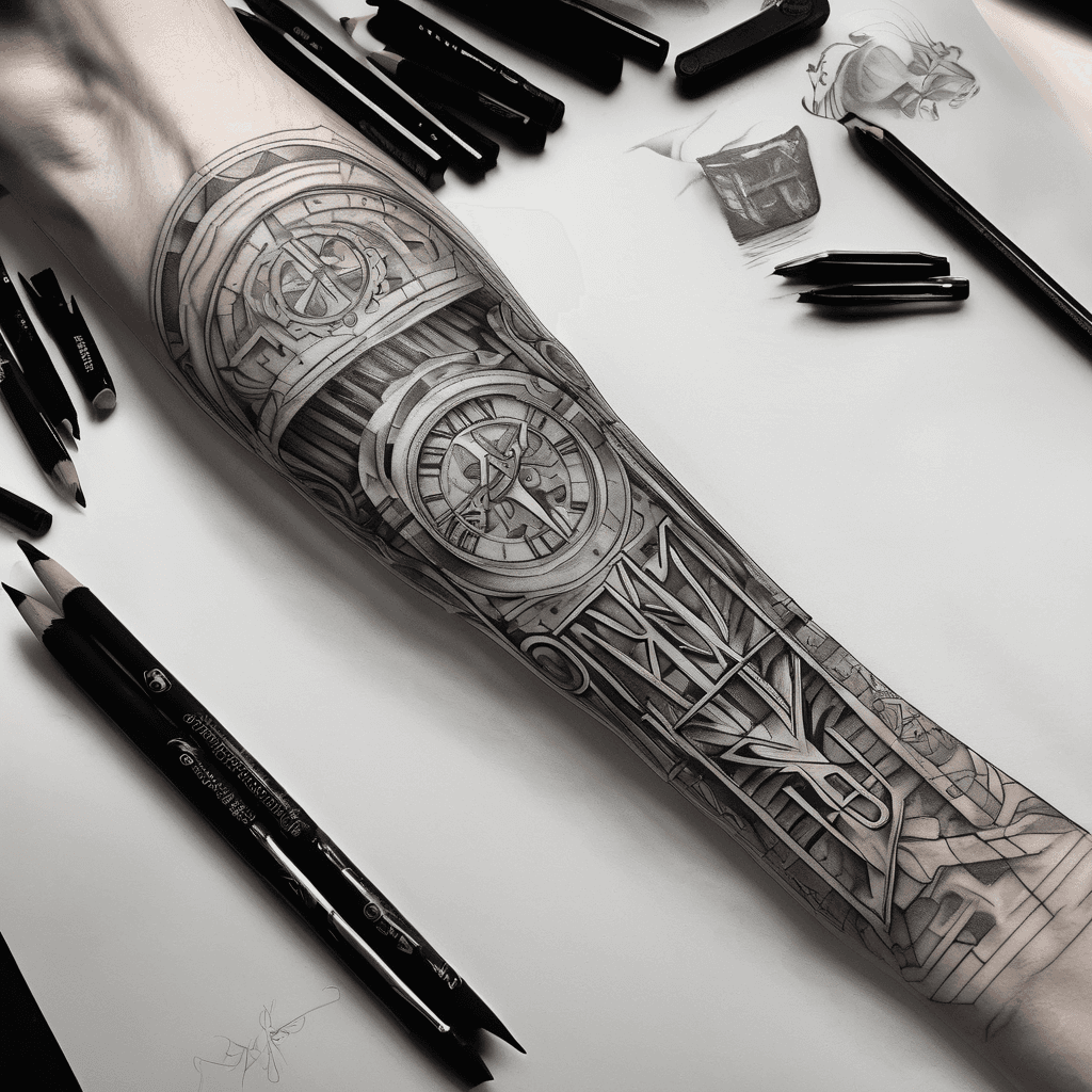 Forearm, male, Modern Roman numerals XXIV.V.MCMLXVII, integrated subtle Gemini glyph