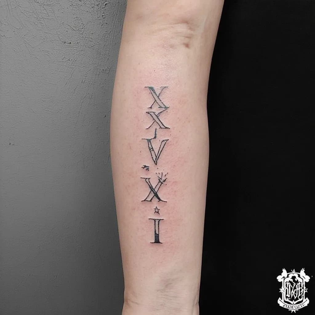 Roman numerals XXIV.V.MCMLXVII forearm tattoo, clean modern font