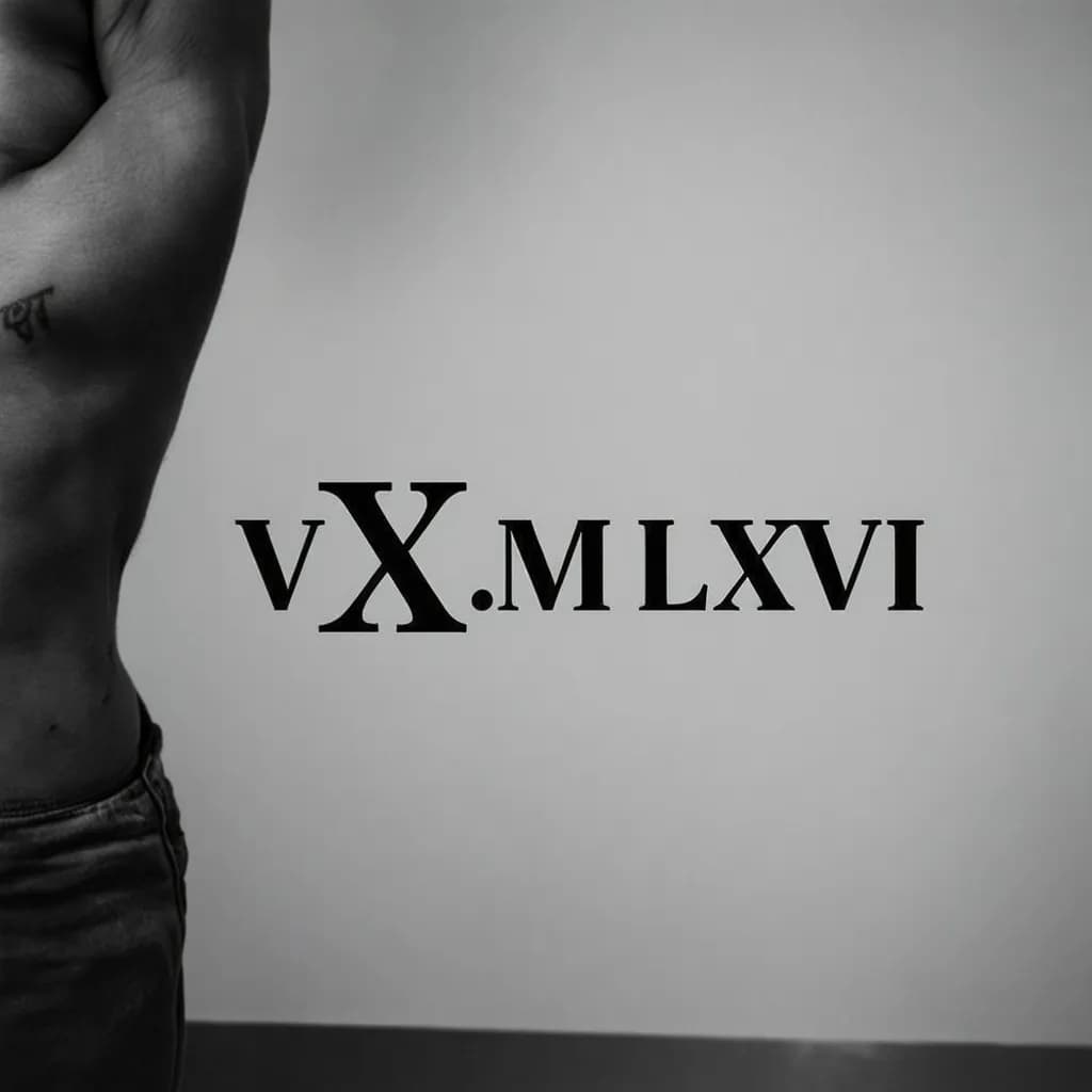Roman numeral tattoo 'V.XXIV.MCMLXVII' on forearm — elegant bold serif, crisp black lines, subtle shading, horizontal along muscle, 2–3cm height.