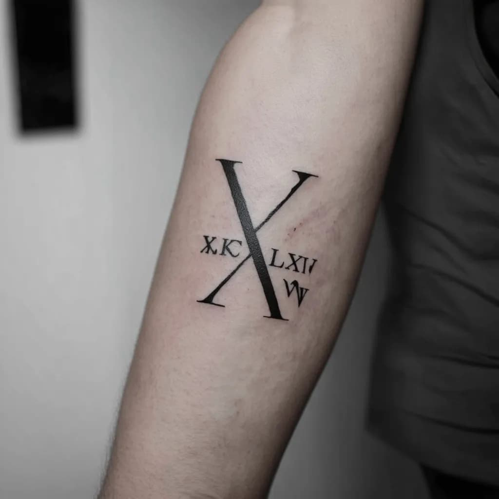 Roman numeral tattoo 'V.XXIV.MCMLXVII' on forearm — elegant bold serif, crisp black lines, subtle shading, horizontal along muscle, 2–3cm height.