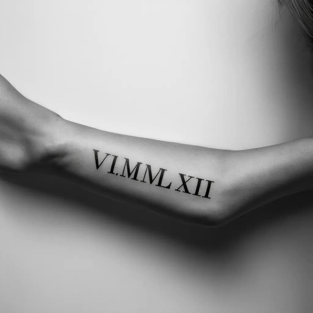 Roman numeral tattoo 'V.XXIV.MCMLXVII' on forearm — elegant bold serif, crisp black lines, subtle shading, horizontal along muscle, 2–3cm height.