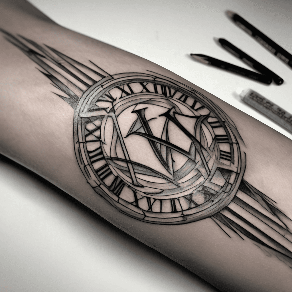 Roman numeral tattoo 'V.XXIV.MCMLXVII' on forearm — elegant bold serif, crisp black lines, subtle shading, horizontal along muscle, 2–3cm height.