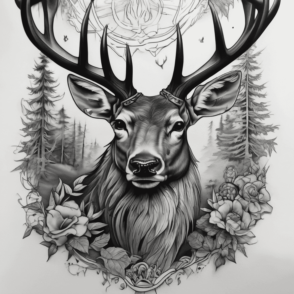 A half sleeve black and grey style tattoo. I was wanting small parts of my grandparents past in it surrounded by a wilderness with hints of deer