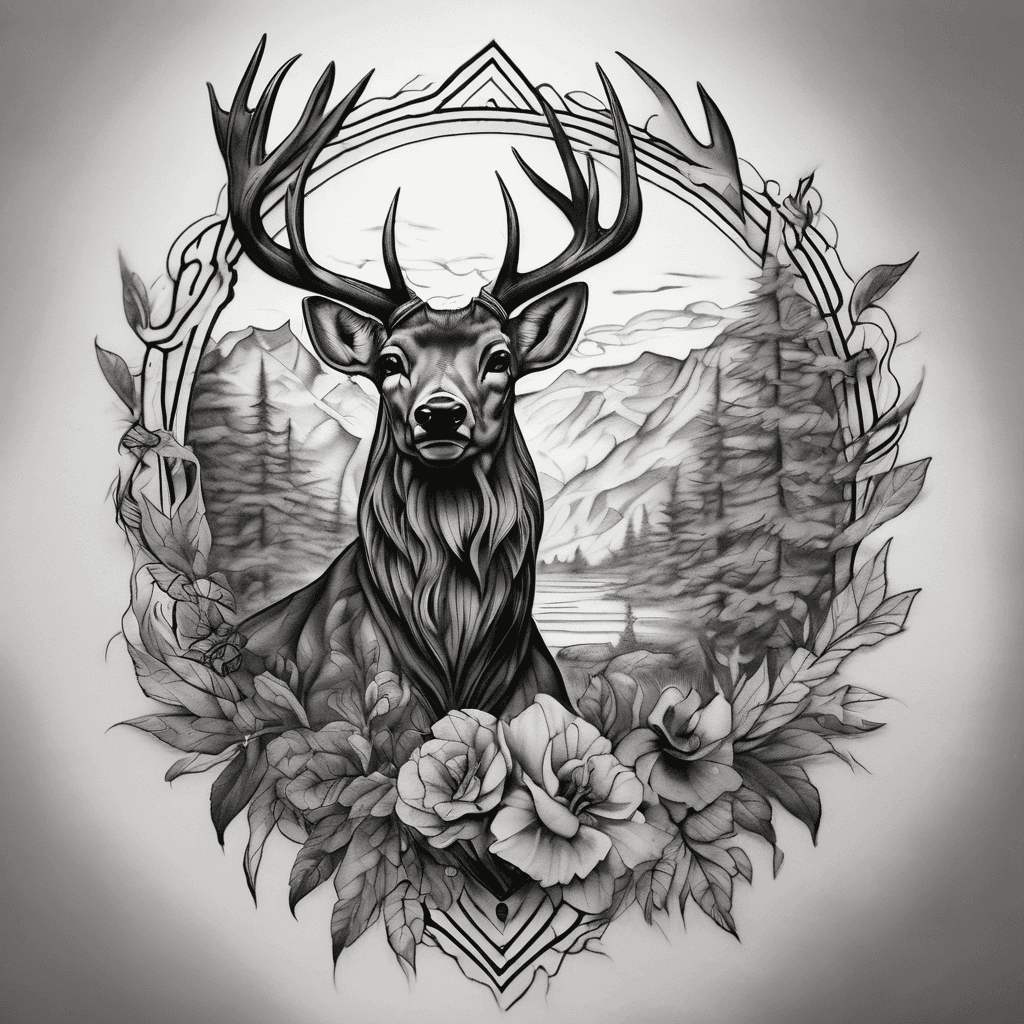 A half sleeve black and grey style tattoo. I was wanting small parts of my grandparents past in it surrounded by a wilderness with hints of deer