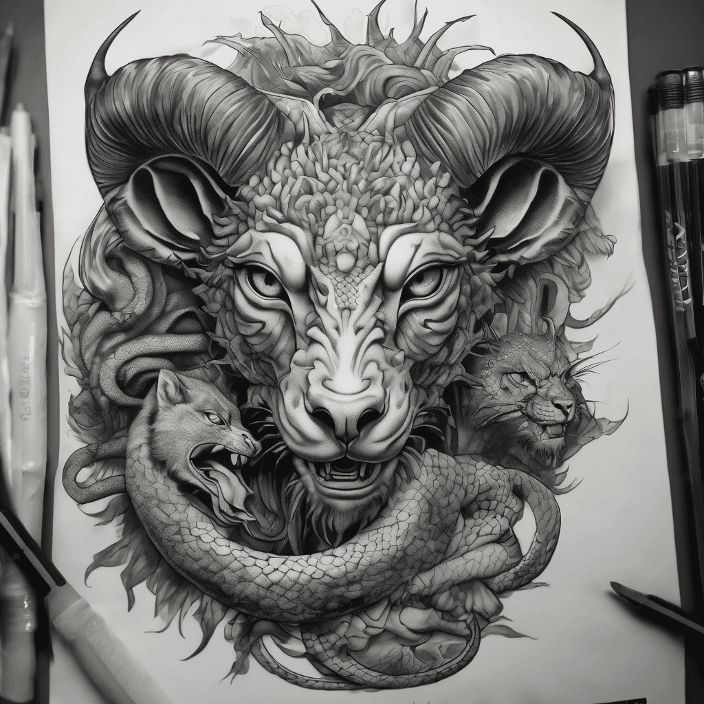 A chimera composed of a goat, a cheetah, and a snake. The chimera should be snarling and poised to attack. You should be able to see it's entire body.