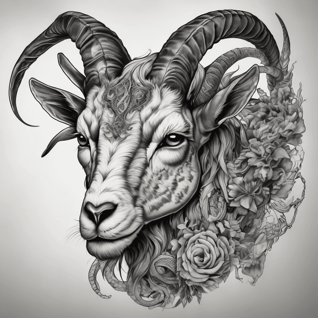 Full-body chimera: goat head with curved horns, cheetah muscled spotted body, coiled snake tail, high-contrast blackwork.
