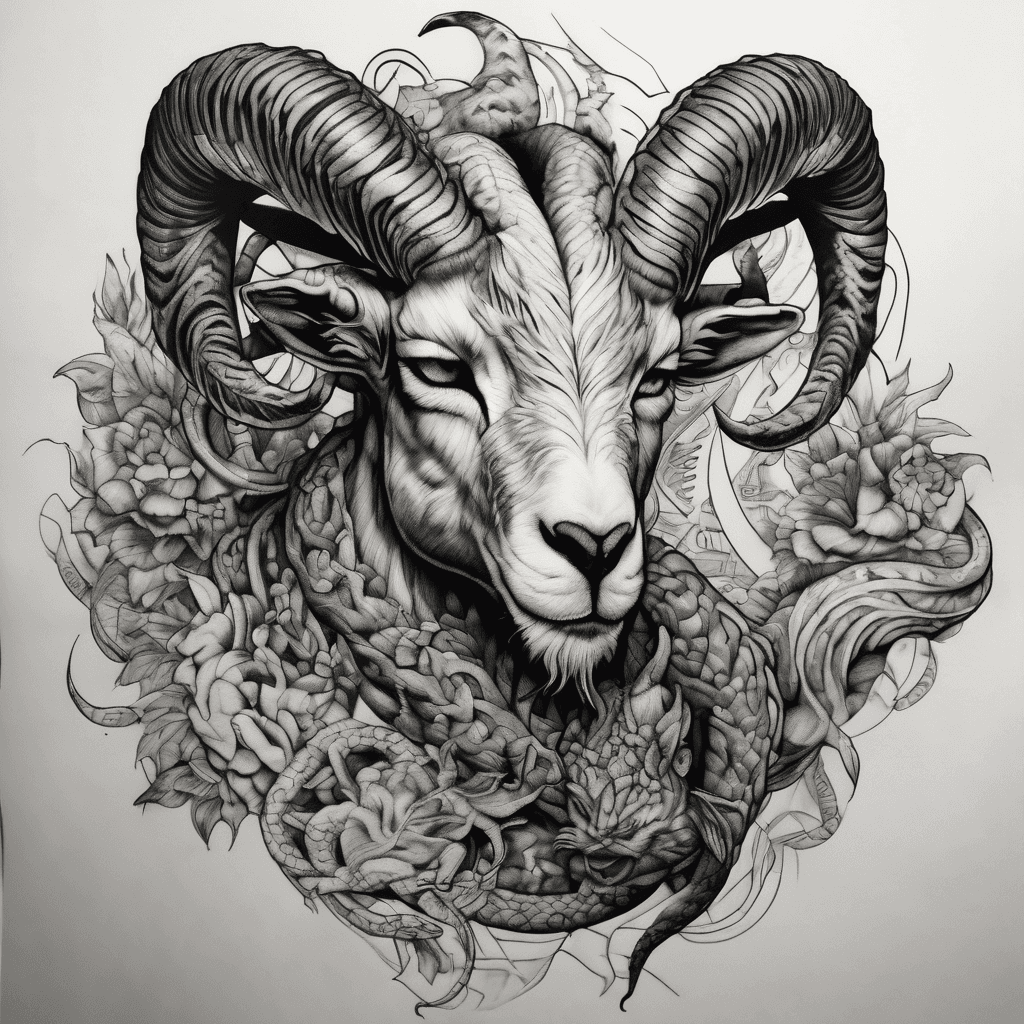 Full-body chimera: goat head with curved horns, cheetah muscled spotted body, coiled snake tail, high-contrast blackwork. The chimera should be mainly cheetah, with evident goat and snake features