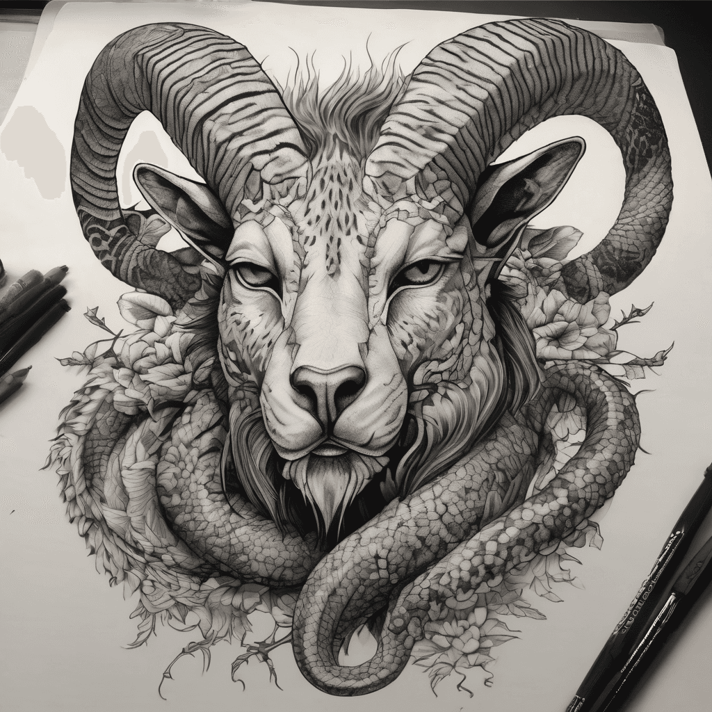 Full-body chimera: goat head with curved horns, cheetah muscled spotted body, coiled snake tail, high-contrast blackwork. The chimera should be mainly cheetah, with evident goat and snake features. Cheetah spots and fur should be evident on the head
