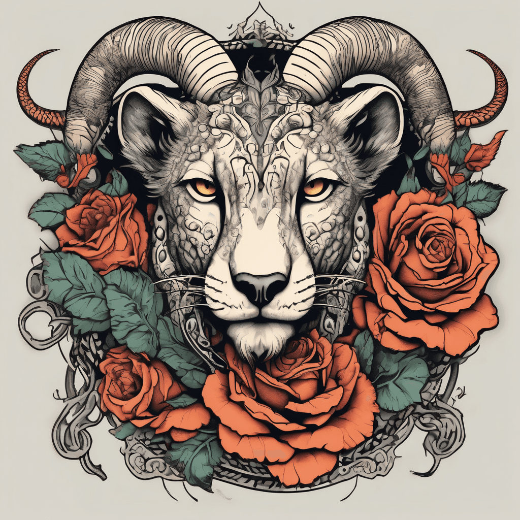 Full-body chimera: mainly cheetah spotted body; goat head w/ curved horns, cheetah-spotted face fur; coiled snake tail; high-contrast blackwork.