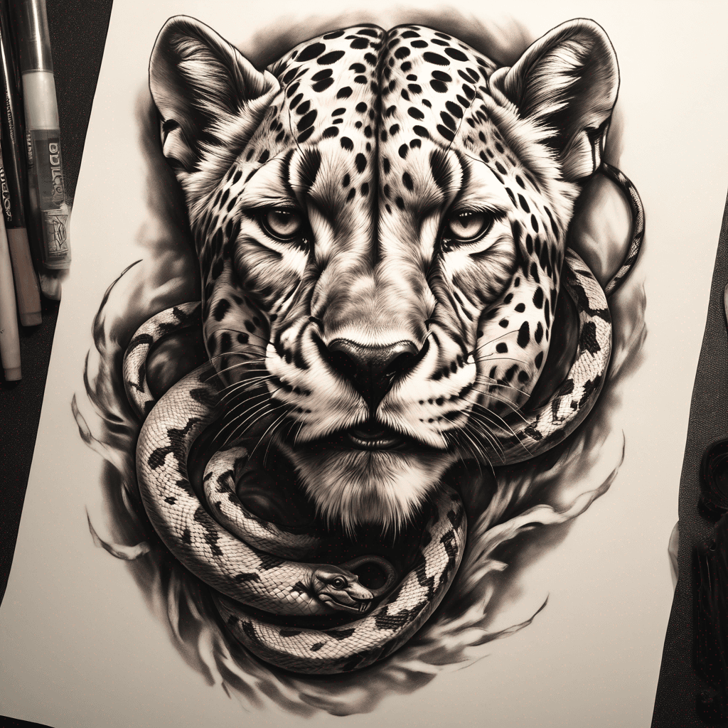 Full-body chimera: mainly cheetah spotted body; goat head w/ curved horns, cheetah-spotted face fur; coiled snake tail; high-contrast blackwork.