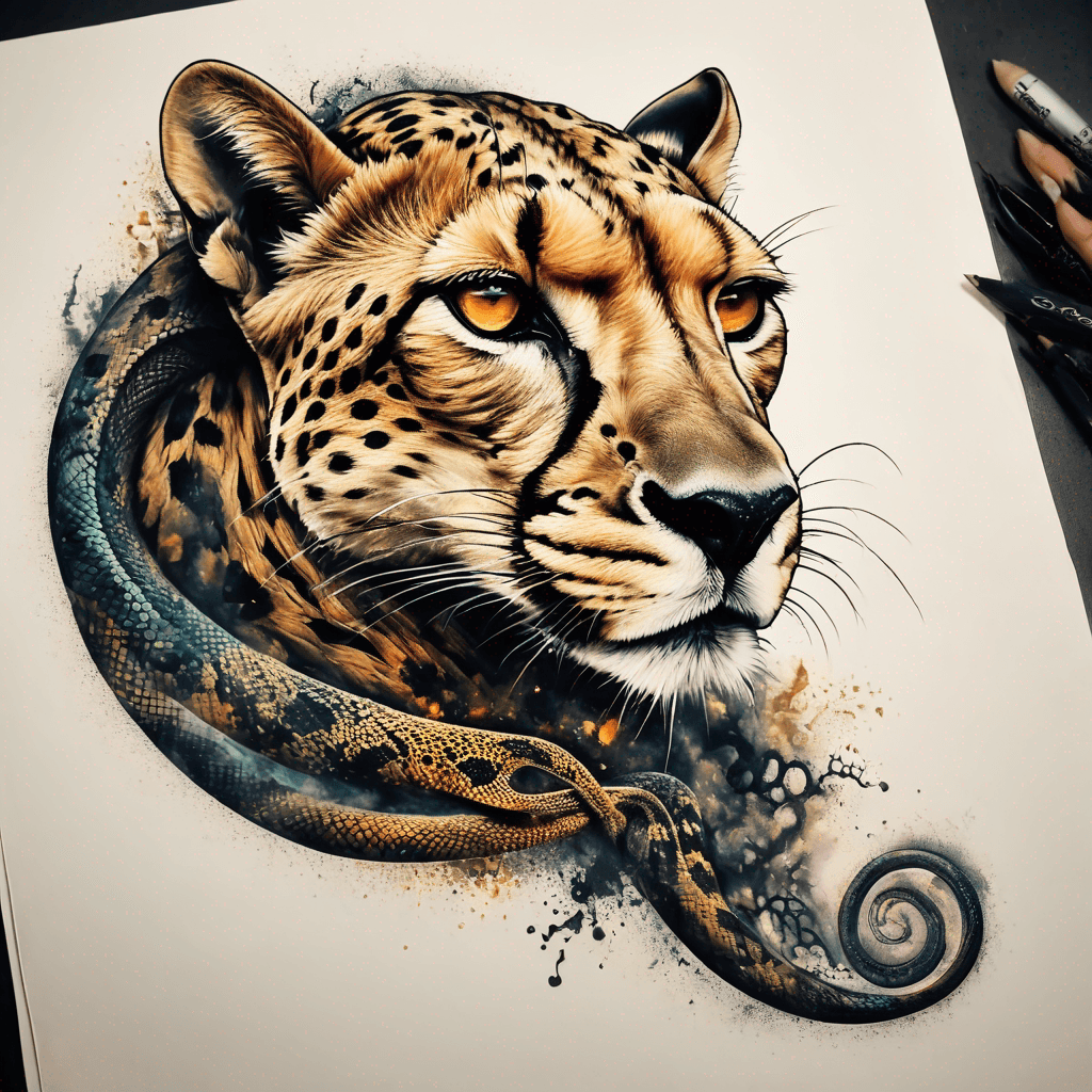 Full-body chimera: mainly cheetah spotted body; goat head w/ curved horns, cheetah-spotted face fur; coiled snake tail; high-contrast blackwork.