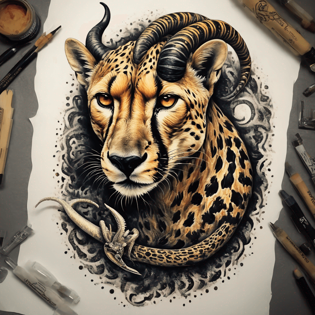 Full-body chimera: mainly cheetah spotted body; goat head w/ curved horns, cheetah-spotted face fur; coiled snake tail; high-contrast blackwork; curved goat horns