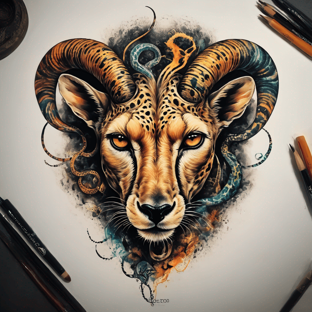 Full-body chimera: mainly cheetah spotted body; goat head w/ curved horns, cheetah-spotted face fur; coiled snake tail; high-contrast blackwork; a curved goat horn on each side of the head