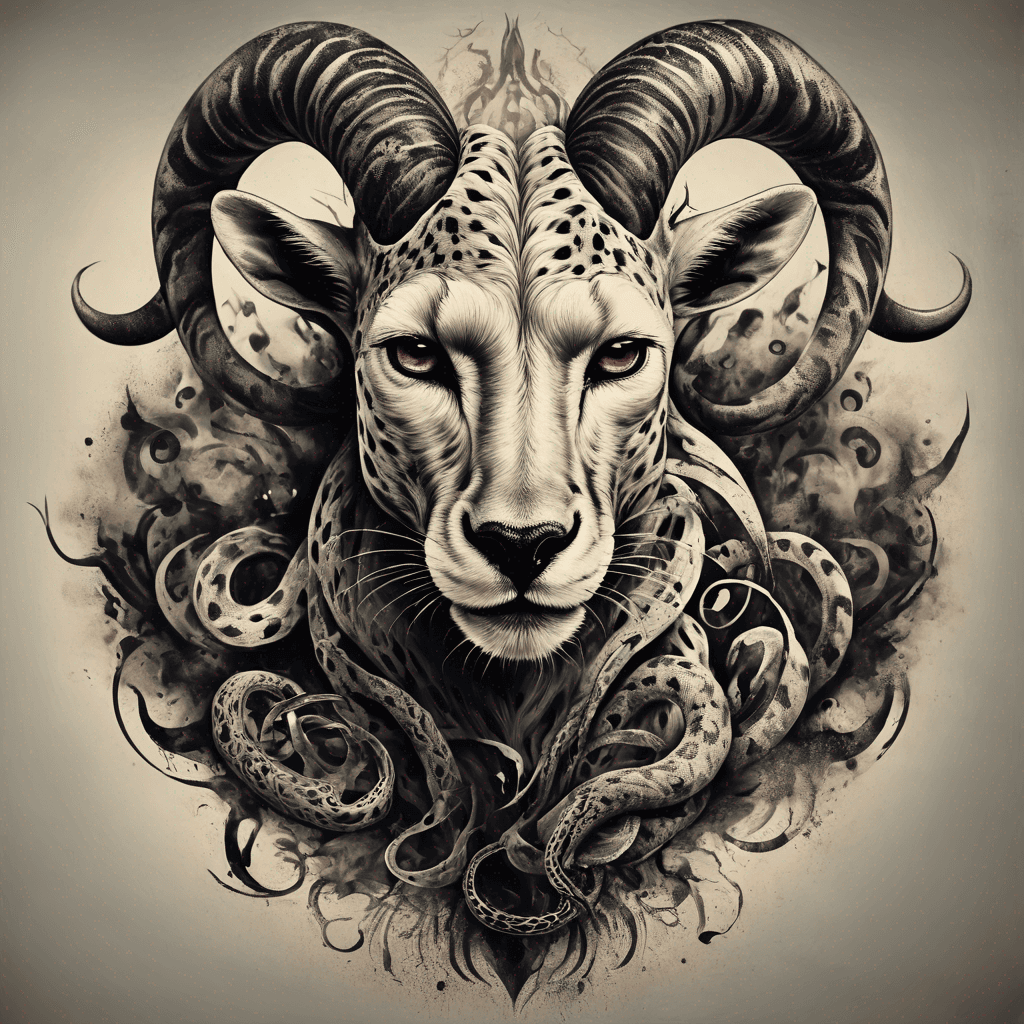 Full-body chimera: mainly cheetah spotted body; goat head w/ curved horns, cheetah-spotted face fur; coiled snake tail; high-contrast blackwork; a curved goat horn on each side of the head