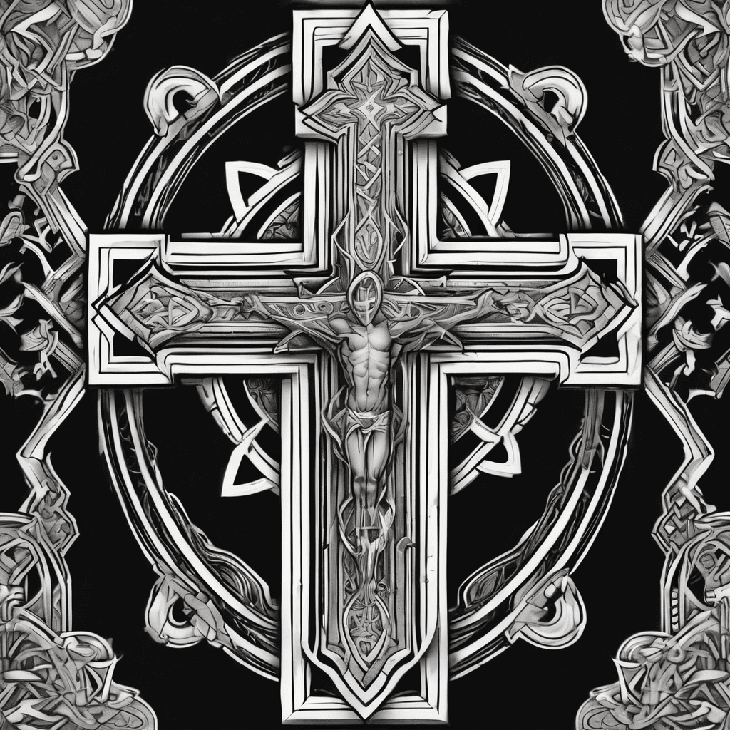 triple crosses, GOD FIRST written horizontally , flames, vibrant on dark skin, outer forearm placement