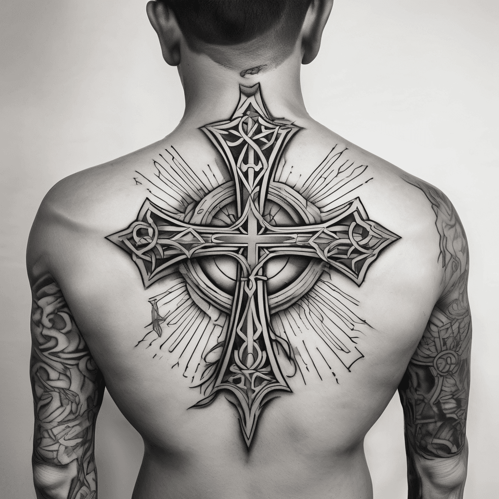 god first written horizontally and 3 crosses on top with filler around the tattoo