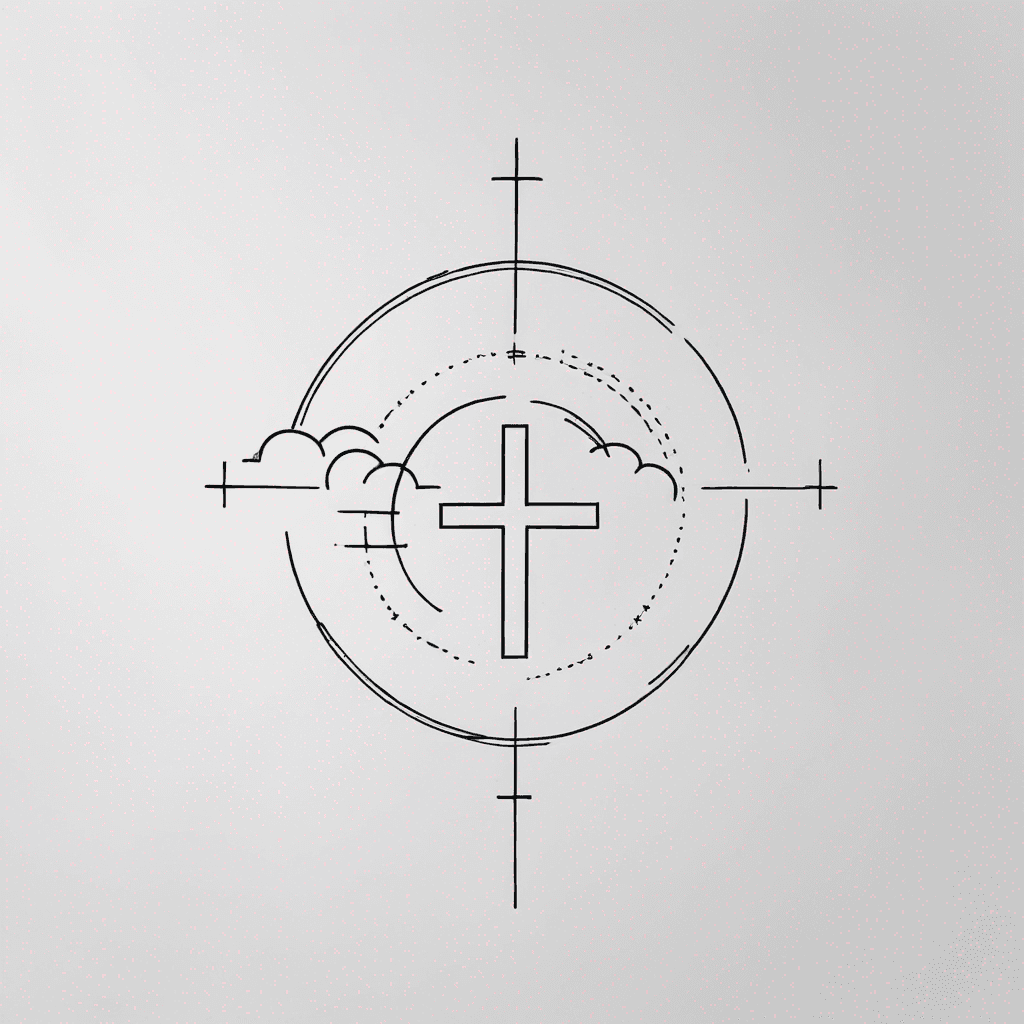 god first written horizontally with 3 crosses on top and clouds around
