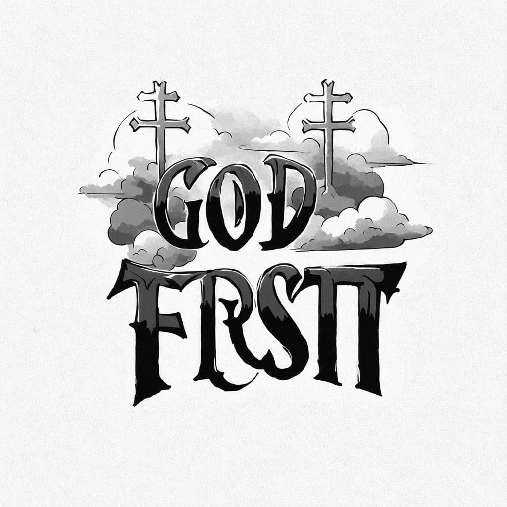 god first written horizontally with 3 crosses on top and clouds around