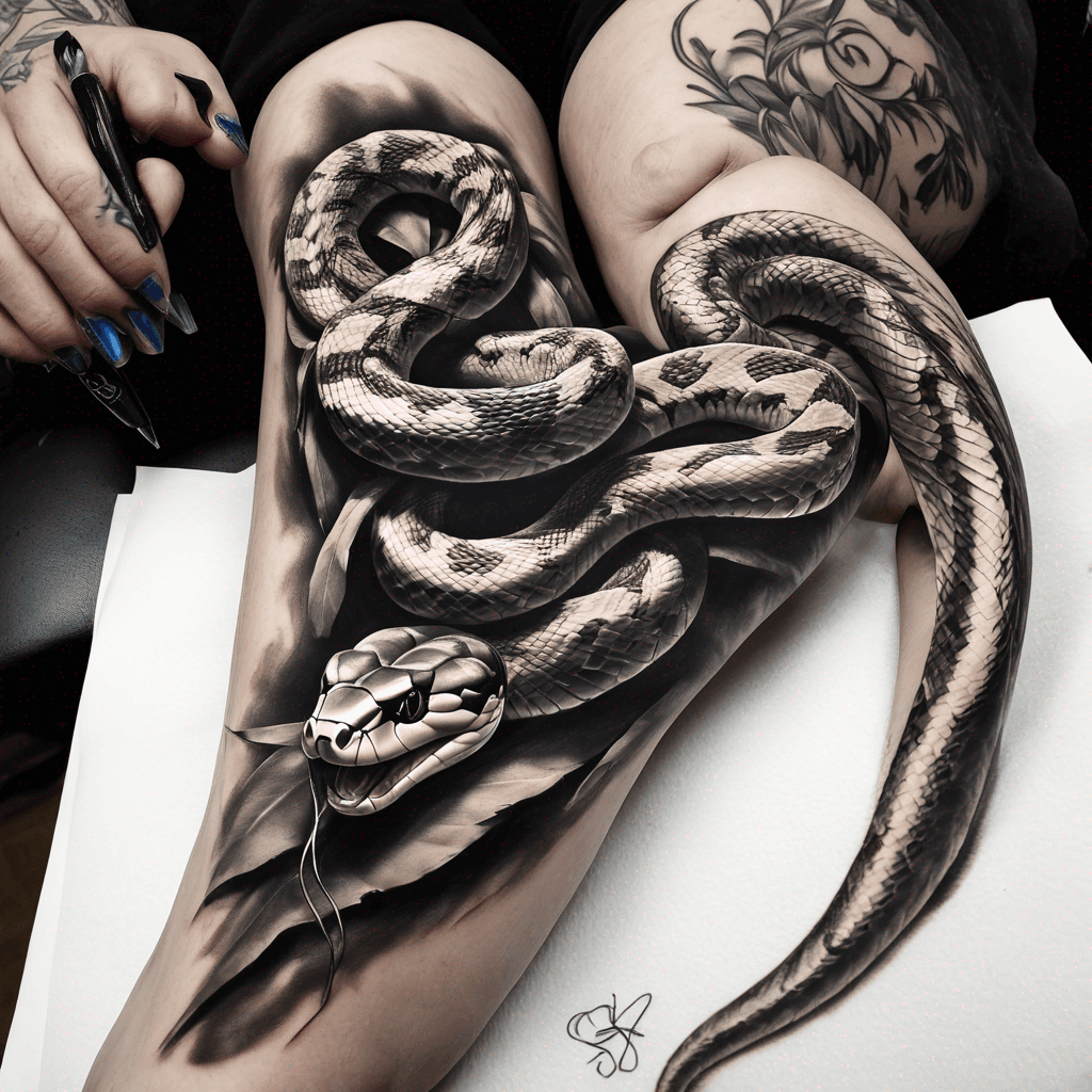 Semi realistic snake going down shin and onto the foot. For a female I want the head of the snake sitting on the foot and the tail going up the shin. I want it to like the snake you just sent me but the stretched out down the ankle on to the foot