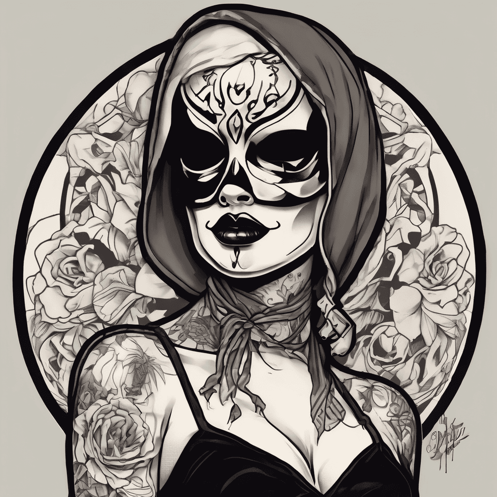 Ghostface-inspired pinup tattoo, 1950s pose, masked, polka-dot dress, dagger, neo-traditional bold lines, palette: black, cream, crimson