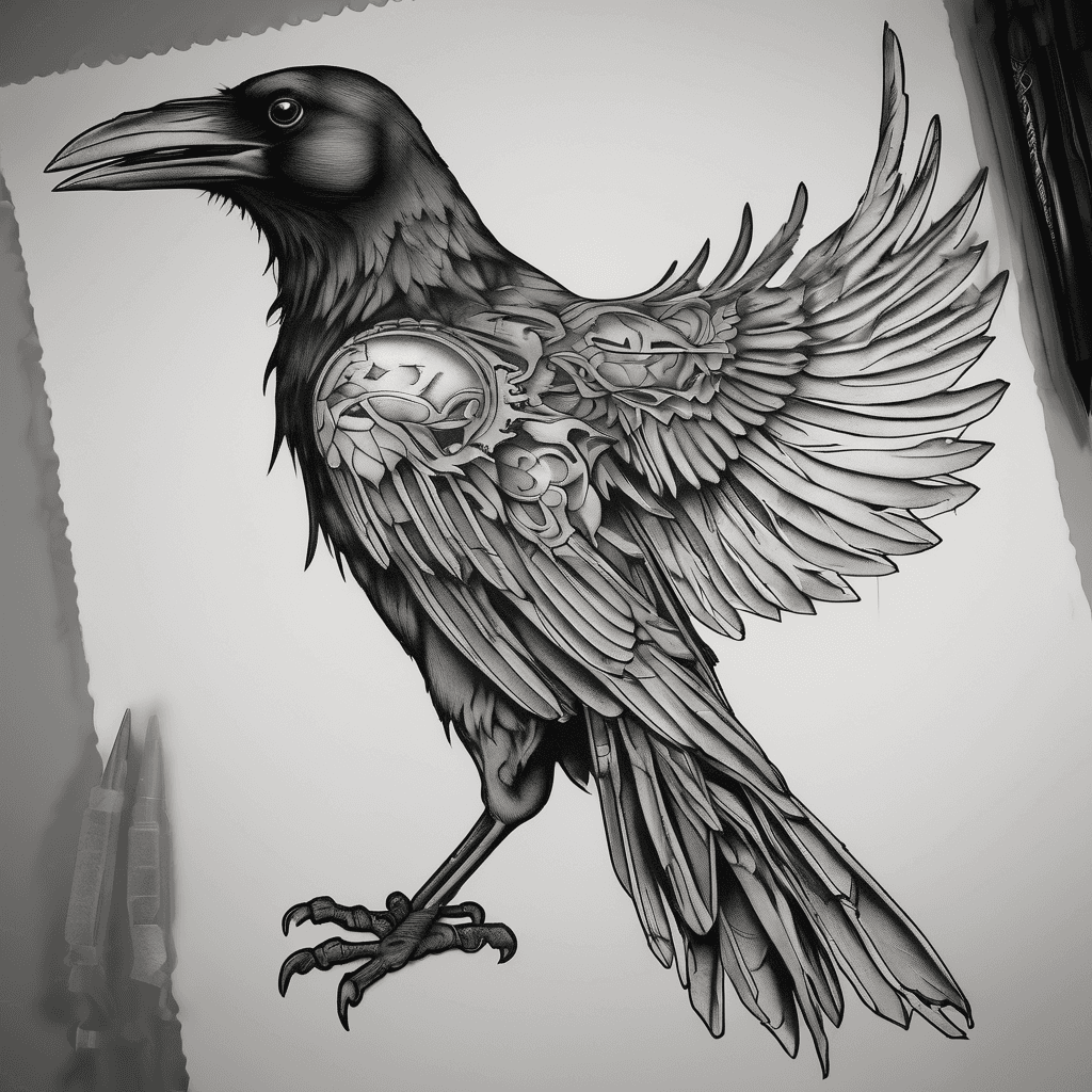 A traditional crow with wings spread with dead rat in claws