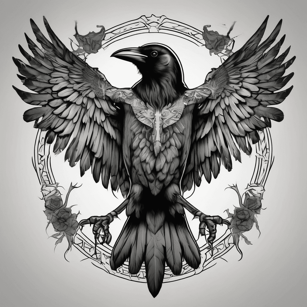 A traditional crow with wings spread with dead rat in claws
