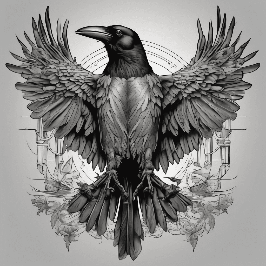 A traditional crow with wings spread with dead rat in claws