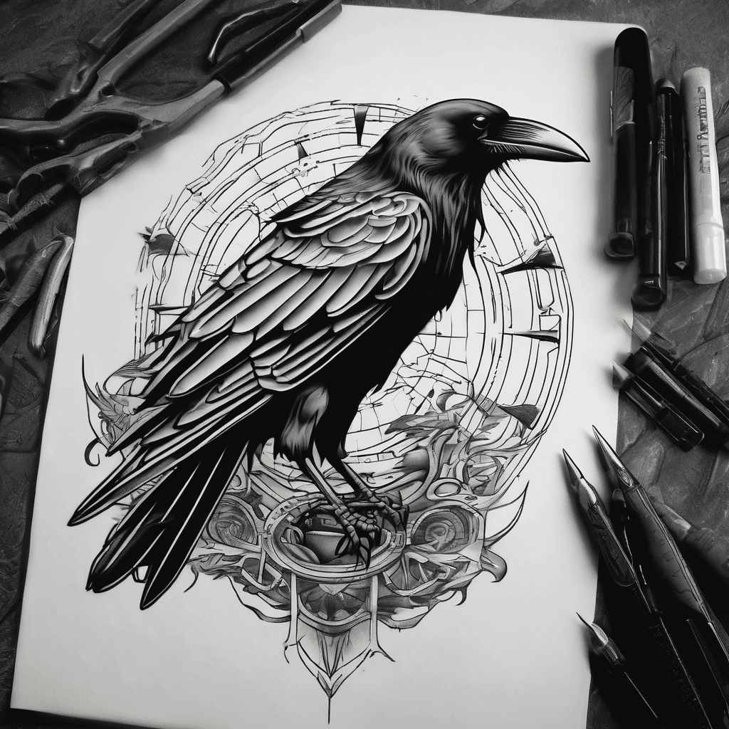 A traditional crow with wings spread with dead rat in claws