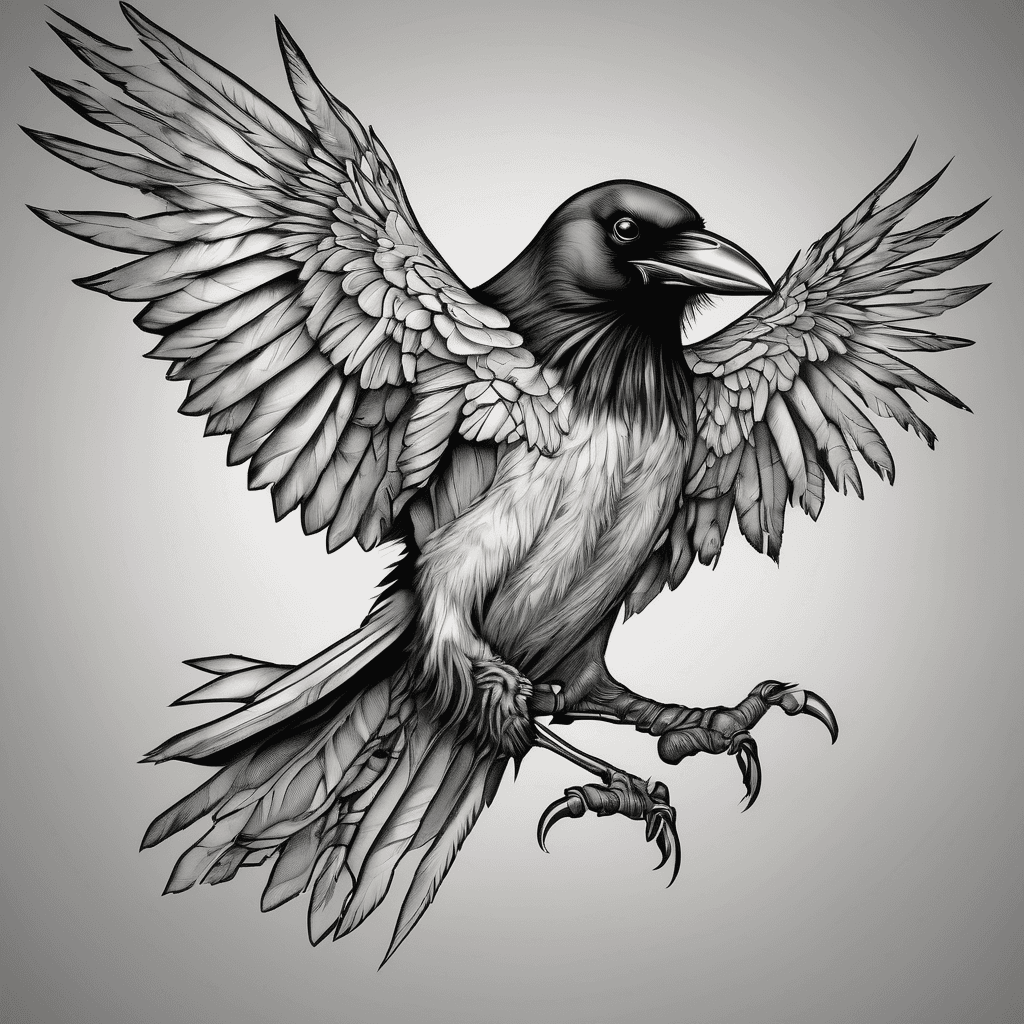 A traditional crow with wings spread with dead rat in claws